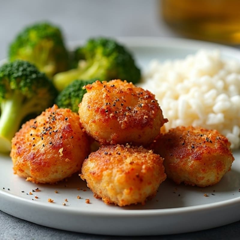 Crispy Pork Bites with Roasted Broccoli and Fluffy White Rice