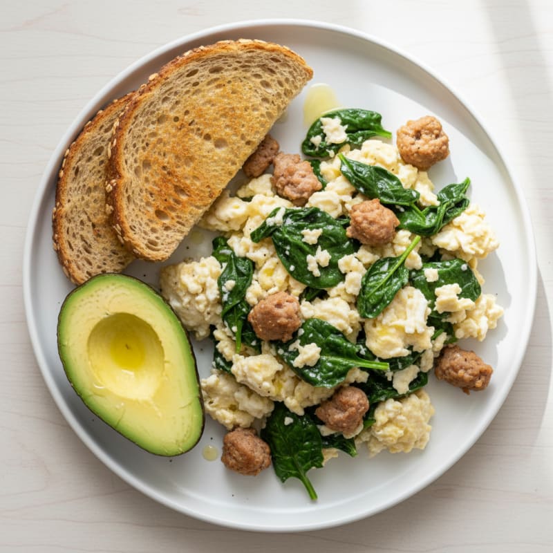 Egg White and Turkey Sausage Scramble with Sautéed Spinach