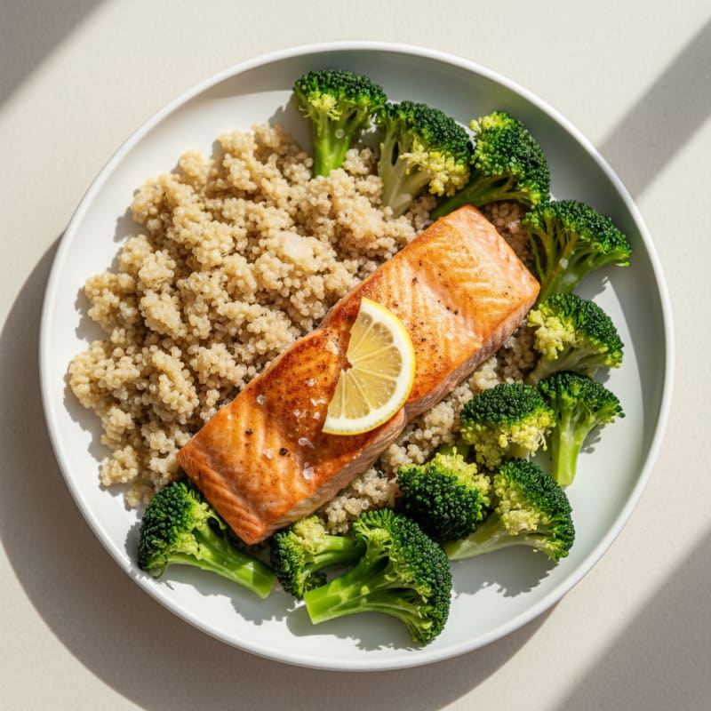 Seared Salmon with Steamed Broccoli and Quinoa