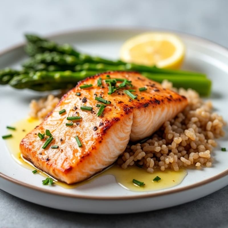 Seared Salmon with Steamed Asparagus and Brown Rice