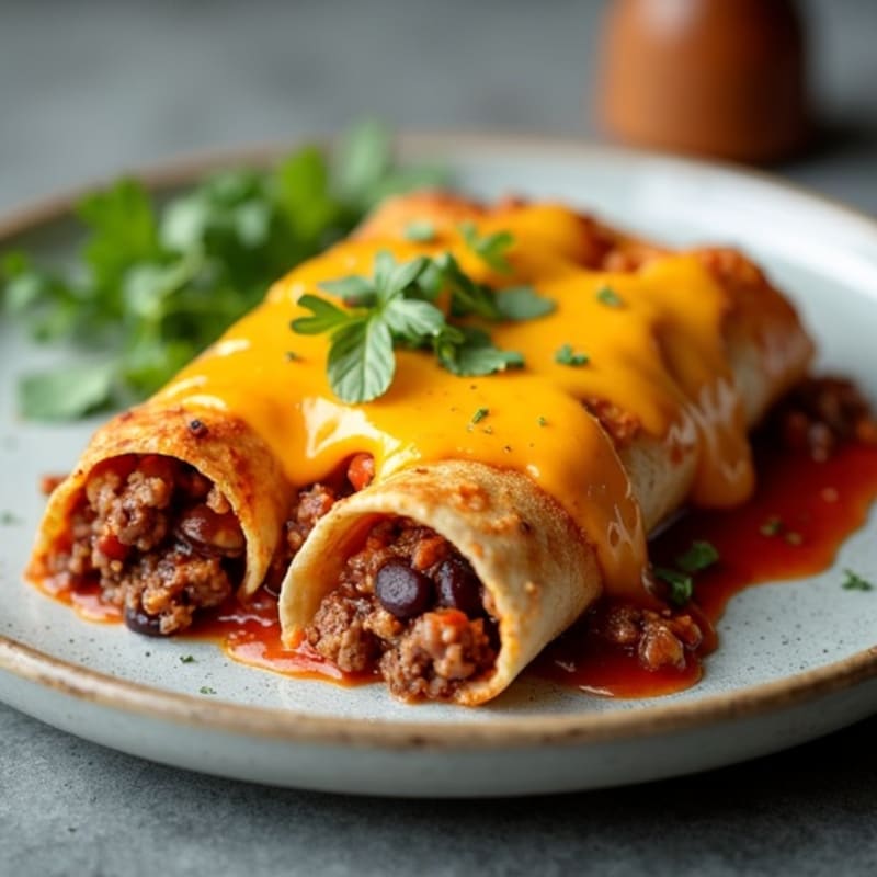 Baked Lean Ground Beef and Black Bean Enchiladas with a Cheesy Topping