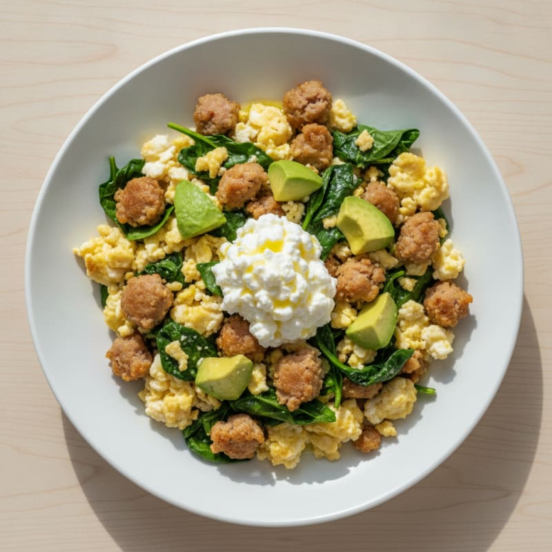 Egg White and Turkey Sausage Scramble with Cottage Cheese and Spinach