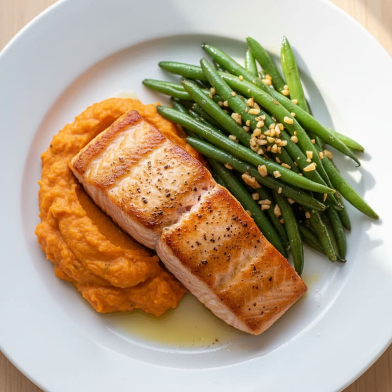 Seared Salmon with Garlic Green Beans and Sweet Potato Mash