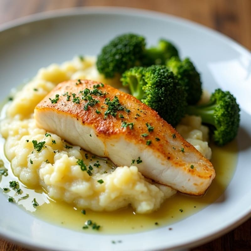 Seared Cod with Roasted Broccoli and Garlic Mash