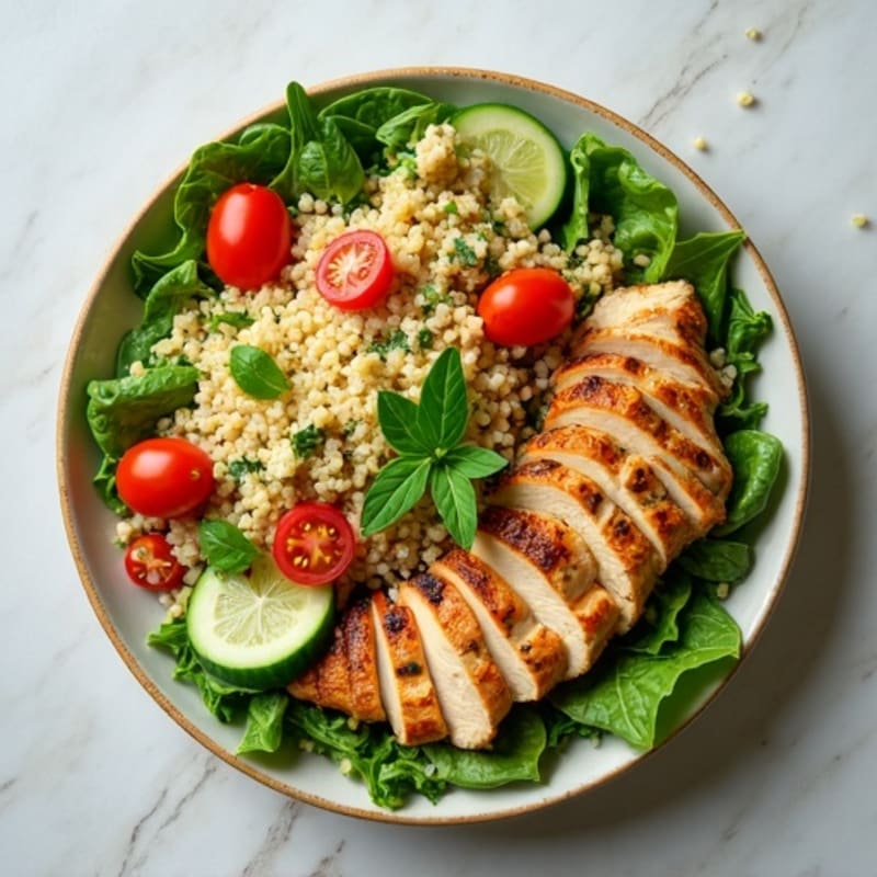 Herb-Marinated Chicken Salad with Fresh Greens, Quinoa, and Creamy Tahini Dressing
