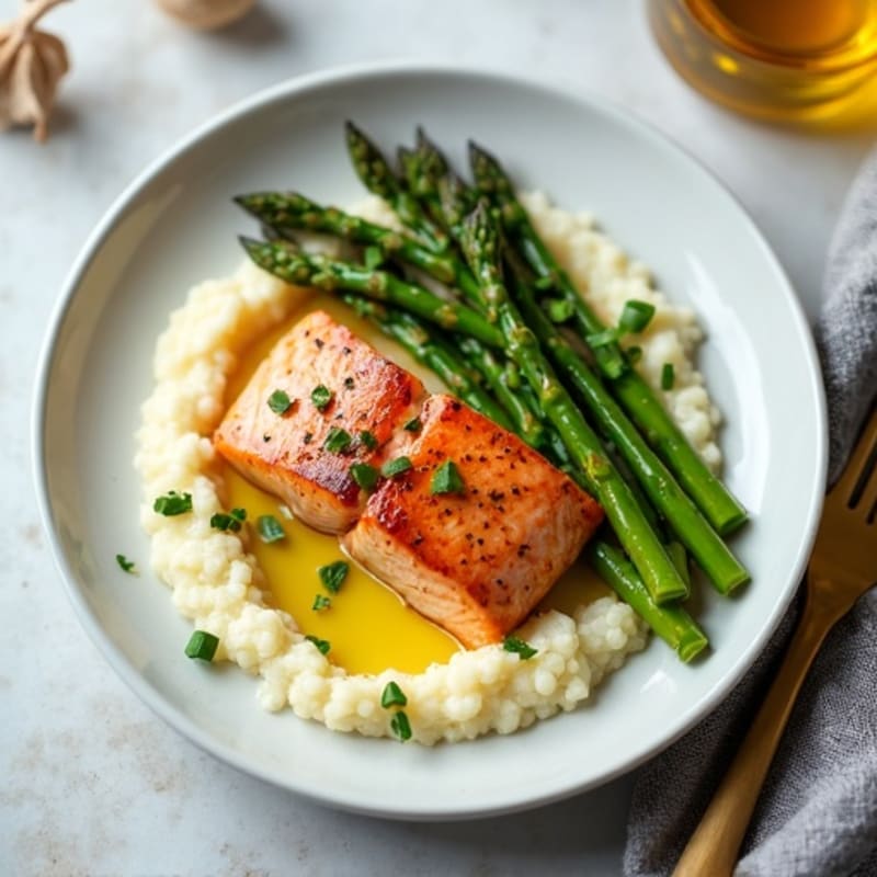 Seared Salmon with Steamed Asparagus and Cauliflower Mash