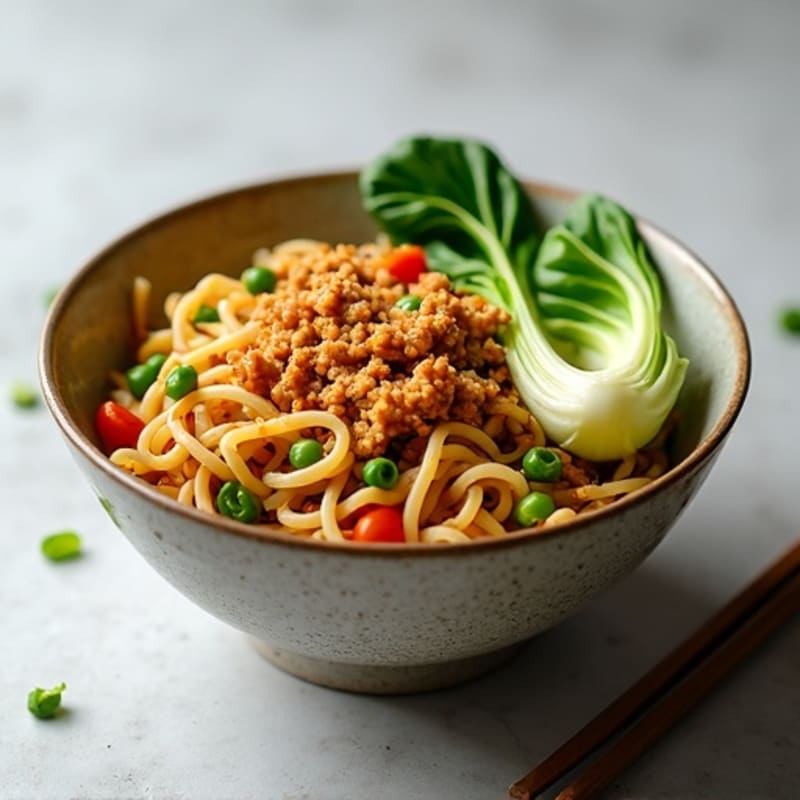 Spicy Creamy Peanut Noodles with Lean Ground Pork and Fresh Bok Choy
