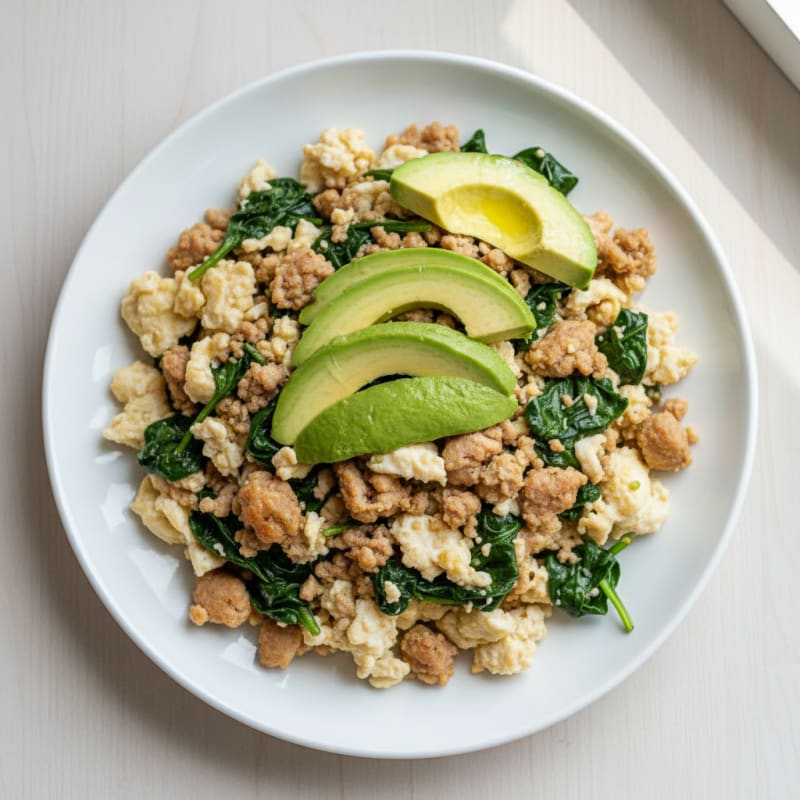 Egg White Scramble with Turkey Sausage and Sautéed Spinach