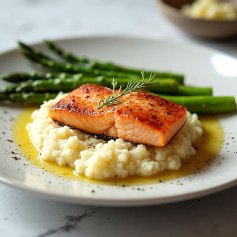 Seared Salmon with Steamed Asparagus and Cauliflower Mash