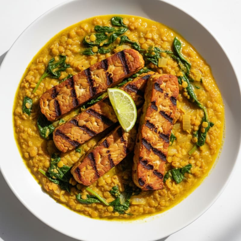 Creamy Lentil and Spinach Stew with Grilled Tempeh
