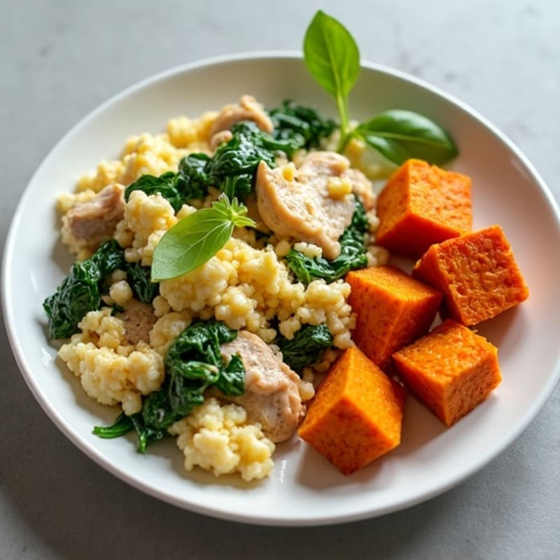Egg White and Turkey Spinach Scramble with Roasted Sweet Potatoes
