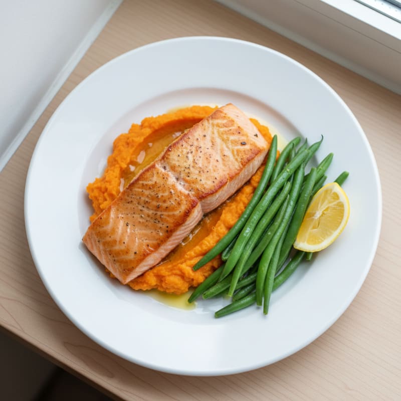 Seared Salmon with Steamed Green Beans and Sweet Potato Mash