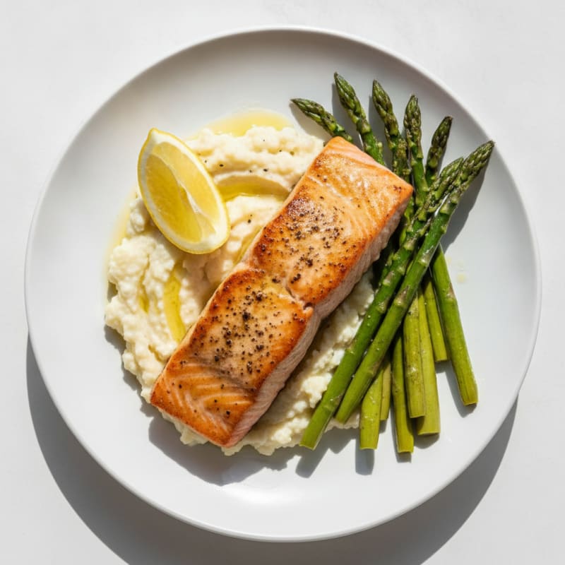 Seared Salmon with Roasted Asparagus and Cauliflower Mash