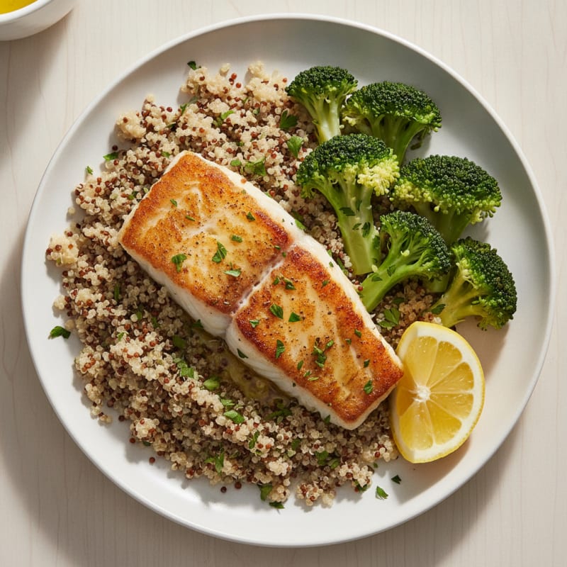 Seared Cod Fillet with Steamed Broccoli and Quinoa