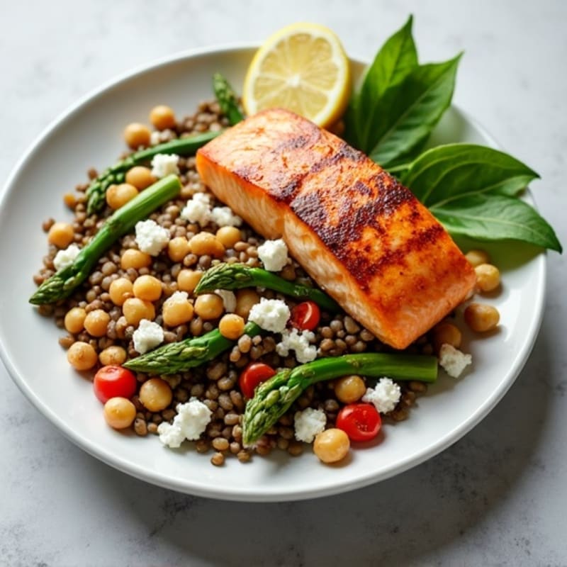 Seared Salmon with Lentil Salad and Roasted Asparagus