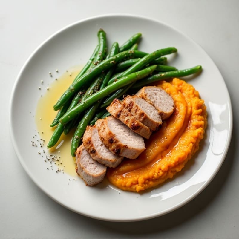 Seared Pork Tenderloin with Garlic Green Beans and Sweet Potato Mash