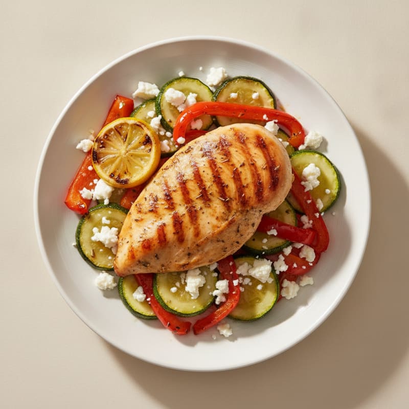 Grilled Chicken Breast with Roasted Vegetables and Feta Cheese