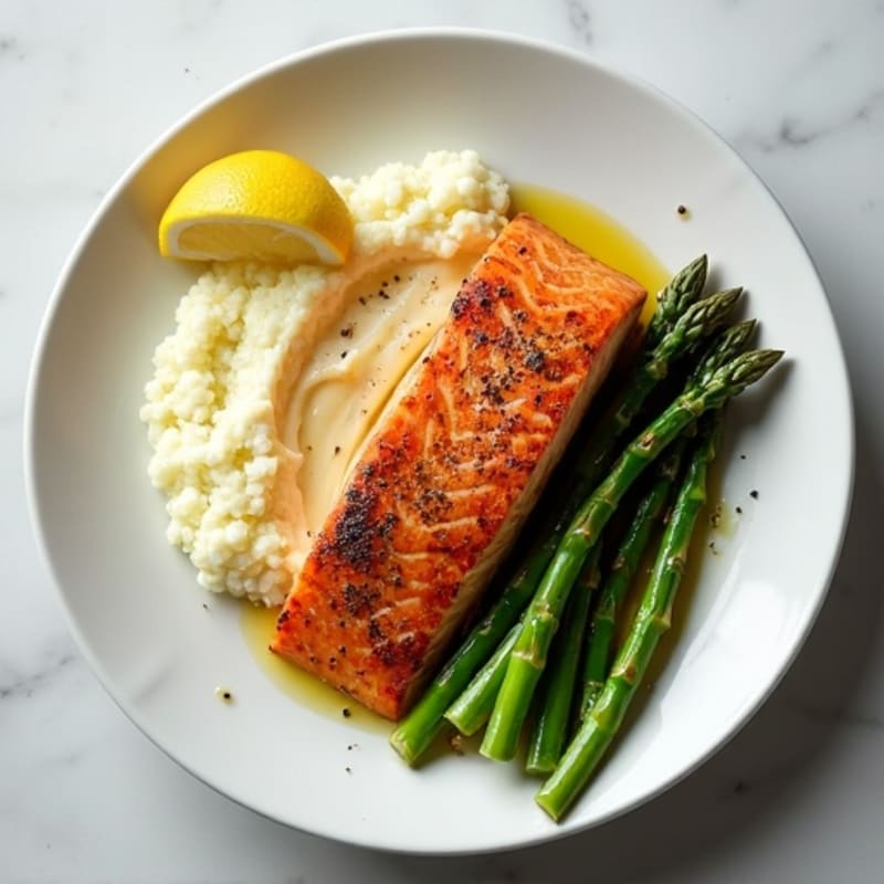 Seared Salmon Fillet with Roasted Asparagus and Cauliflower Mash