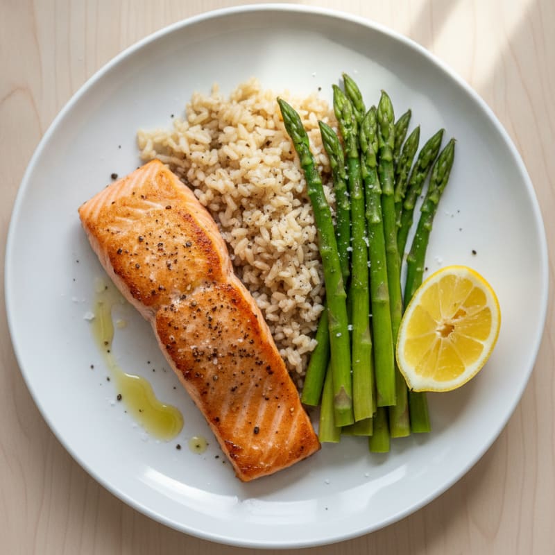 Seared Salmon with Steamed Asparagus and Brown Rice