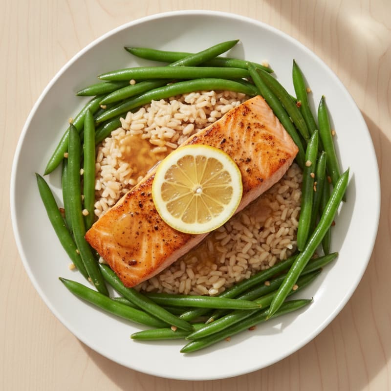 Seared Salmon Fillet with Brown Rice and Garlic Green Beans