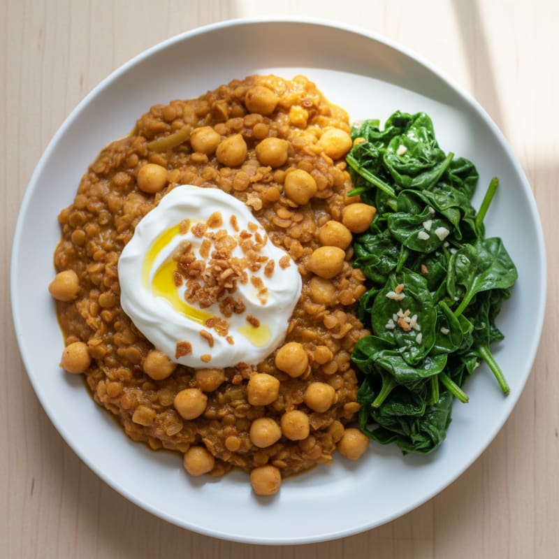Creamy Lentil and Chickpea Stew with Sautéed Spinach