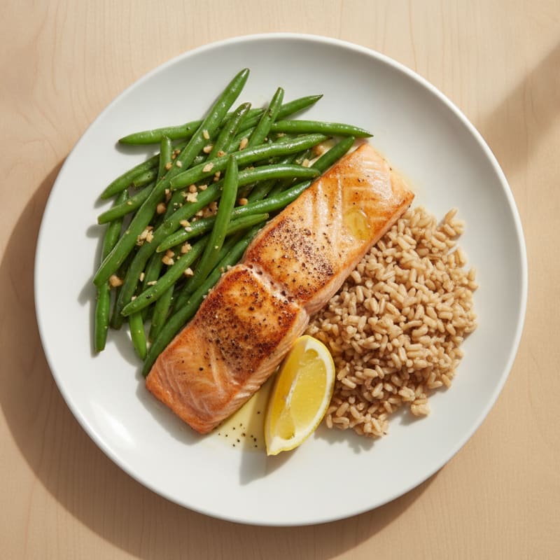 Seared Salmon Fillet with Garlic Green Beans and Brown Rice