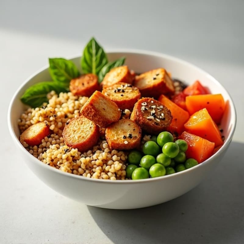 Crispy Tofu Power Bowl with Quinoa and Roasted Vegetables