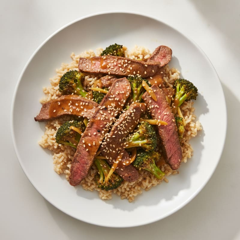 Lean Beef and Roasted Broccoli Stir Fry with Brown Rice