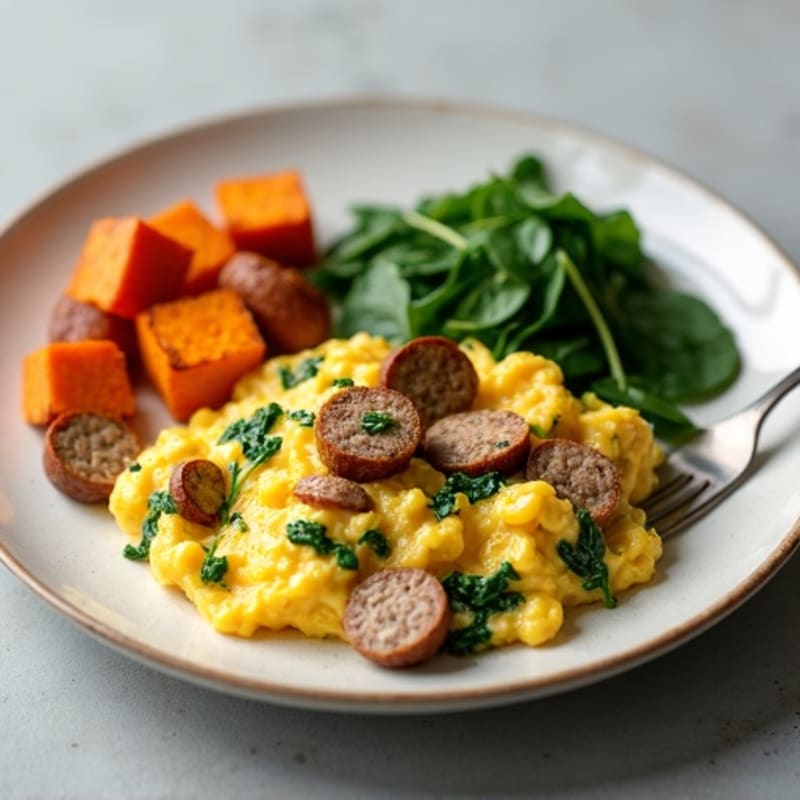 Egg White and Turkey Sausage Scramble with Spinach and Roasted Sweet Potato