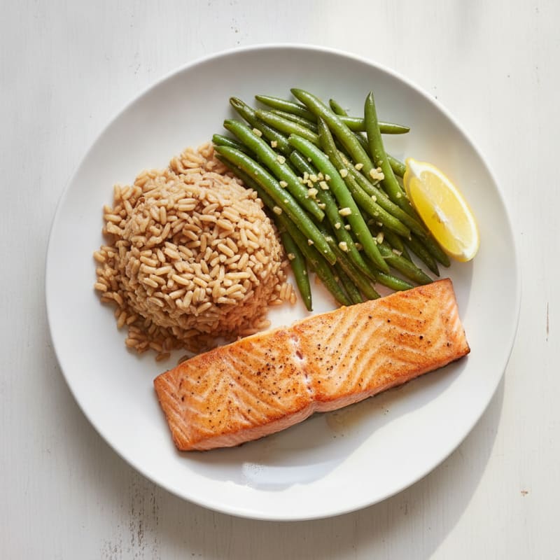 Seared Salmon Fillet with Garlic Green Beans and Brown Rice