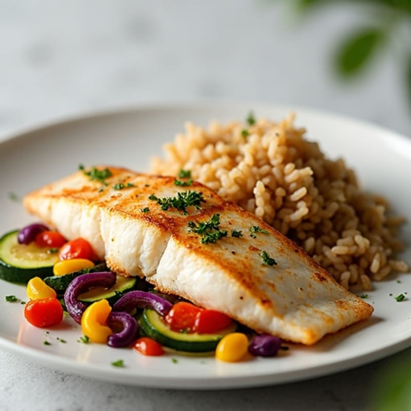 Seared Fish Fillet with Roasted Vegetables and Steamed Rice