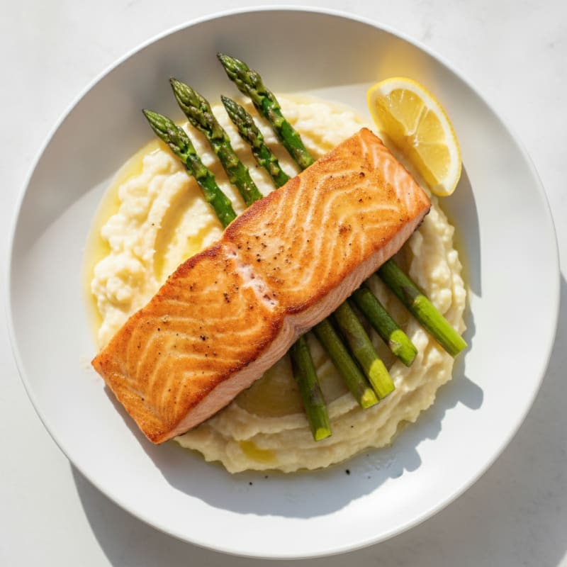 Seared Salmon Fillet with Roasted Asparagus and Cauliflower Mash