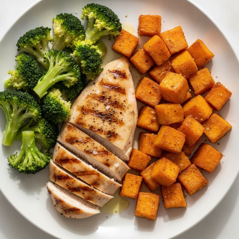 Grilled Chicken Breast with Roasted Sweet Potato and Steamed Broccoli