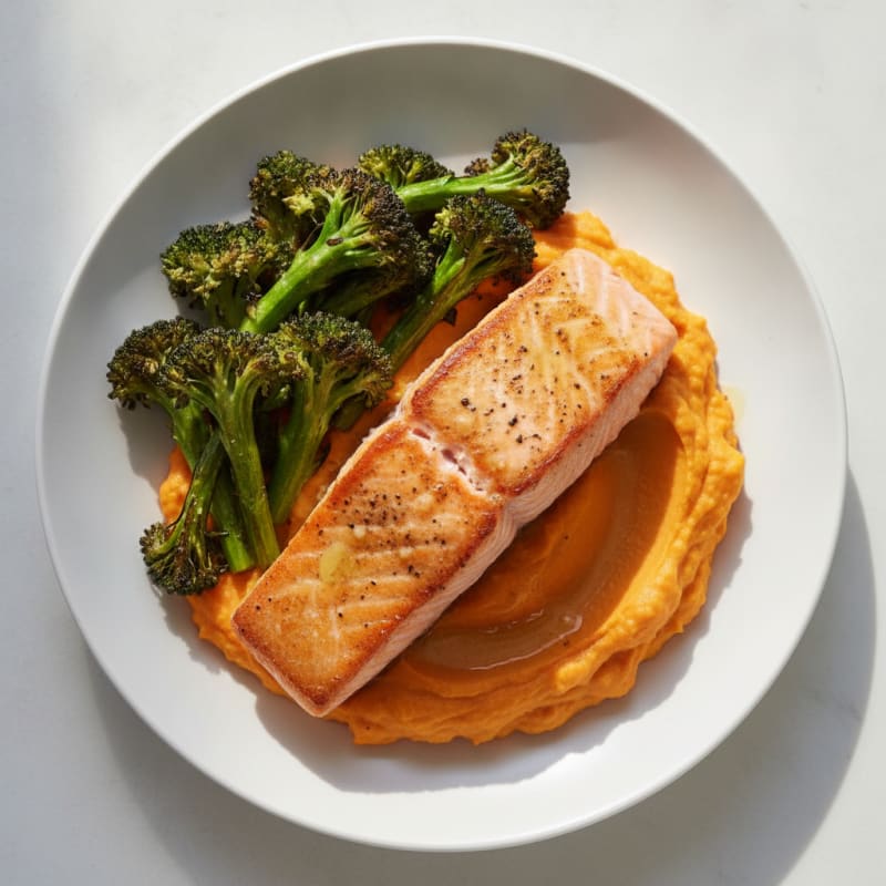 Seared Salmon with Roasted Broccoli and Sweet Potato Mash