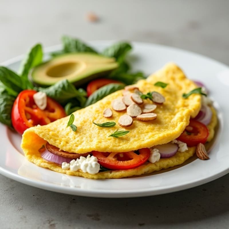 Egg White Veggie Omelet with Cottage Cheese and Sliced Turkey