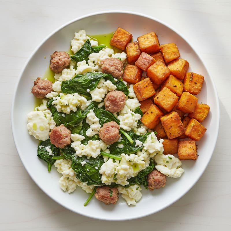 Egg White Scramble with Turkey Sausage and Sautéed Spinach