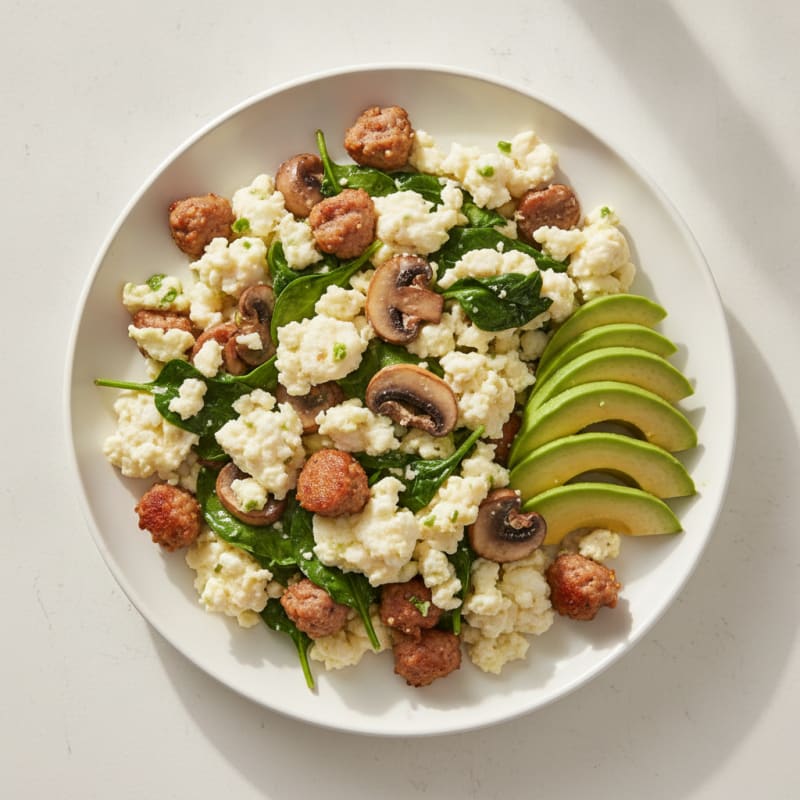 Egg White and Turkey Sausage Scramble with Spinach and Mushrooms