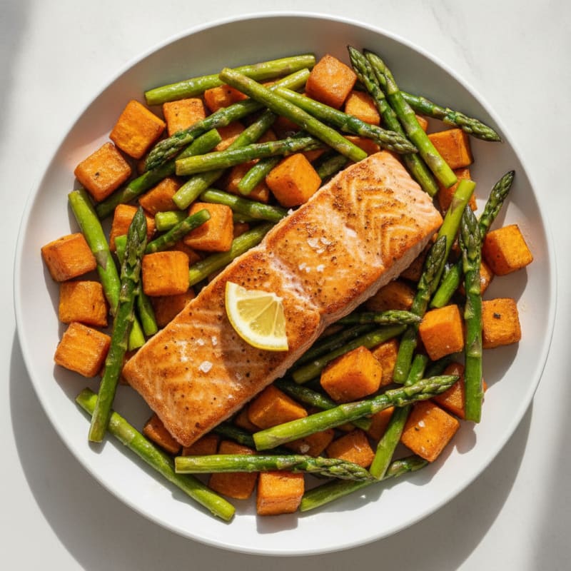 Seared Salmon with Roasted Sweet Potatoes and Asparagus
