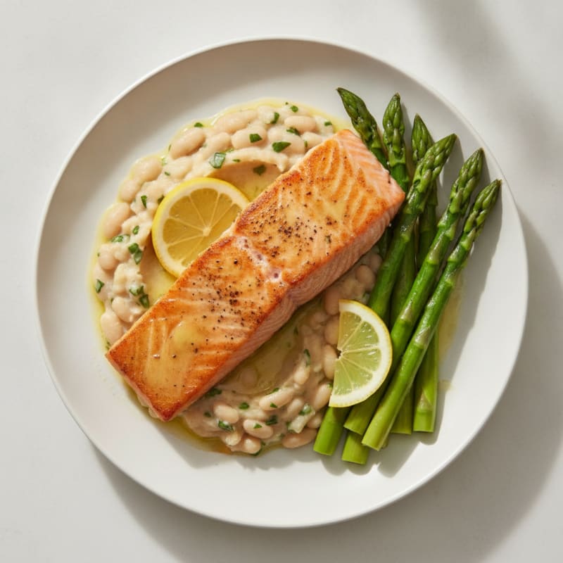 Seared Salmon Fillet with White Bean Mash and Steamed Asparagus