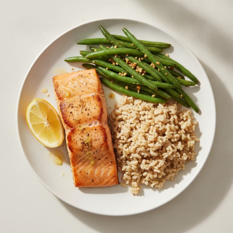 Seared Salmon with Garlic Green Beans and Brown Rice