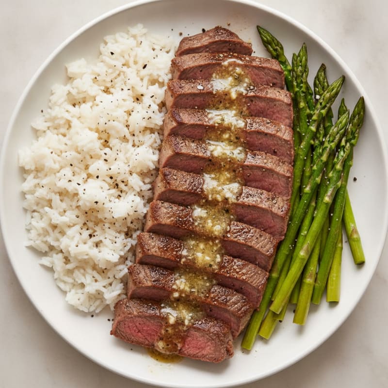 Garlic Butter Steak with Asparagus and Jasmine Rice