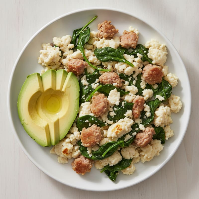 Egg White Scramble with Turkey Sausage and Sautéed Spinach
