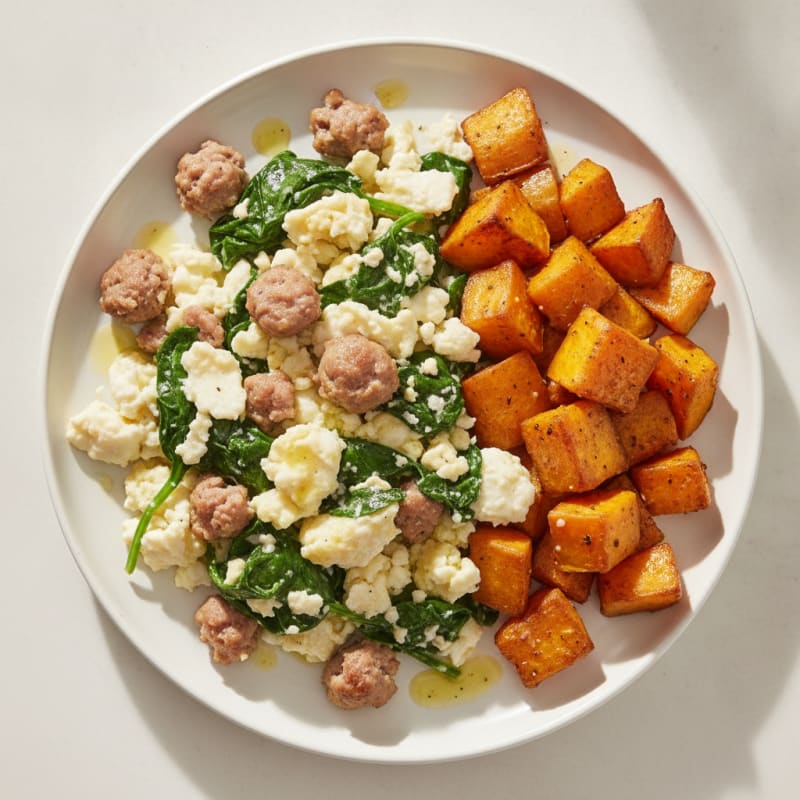 Egg White and Turkey Sausage Scramble with Spinach and Roasted Sweet Potato