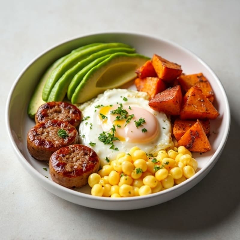 Egg White and Turkey Sausage Scramble with Roasted Sweet Potatoes