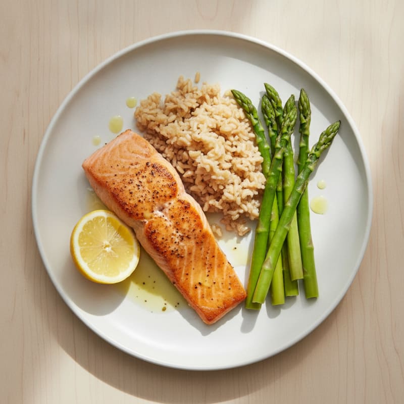 Seared Salmon with Steamed Asparagus and Brown Rice