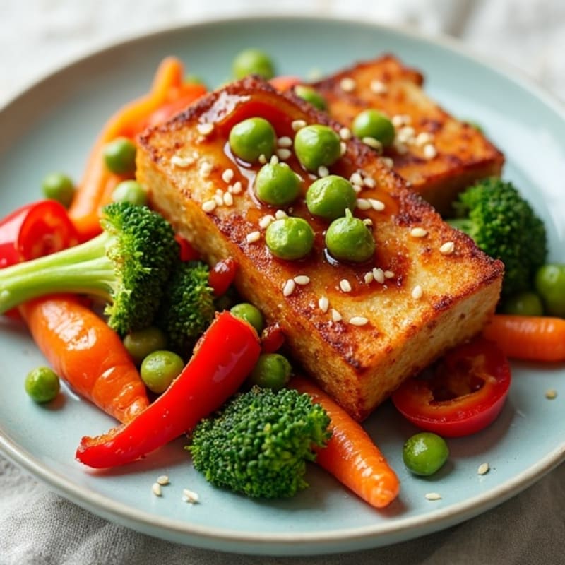 Crispy Sesame Tofu with Vibrant Stir-Fried Vegetables