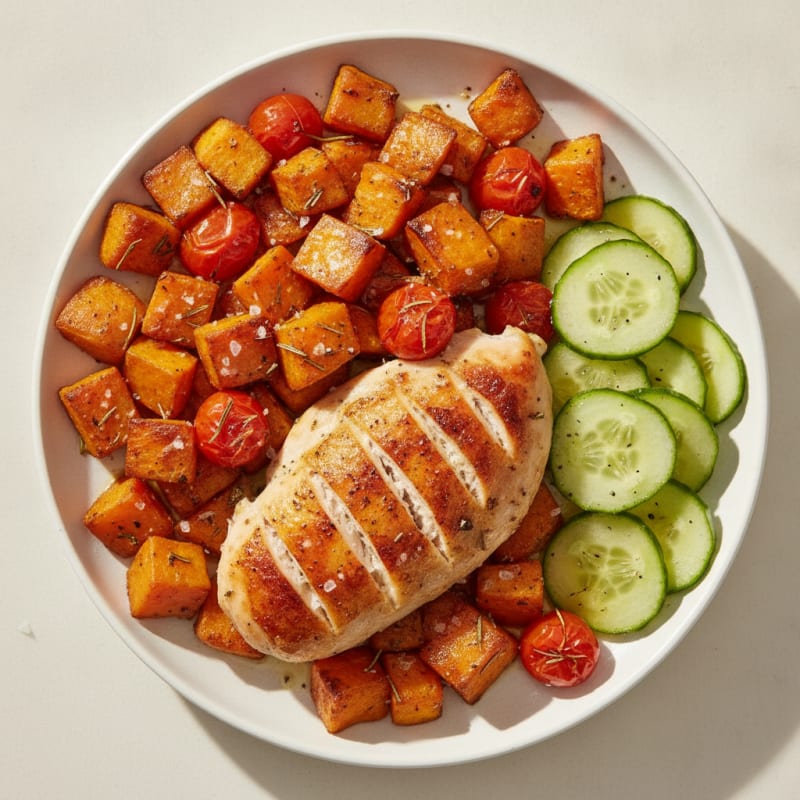 Herb-Roasted Chicken with Roasted Sweet Potatoes and Tomatoes