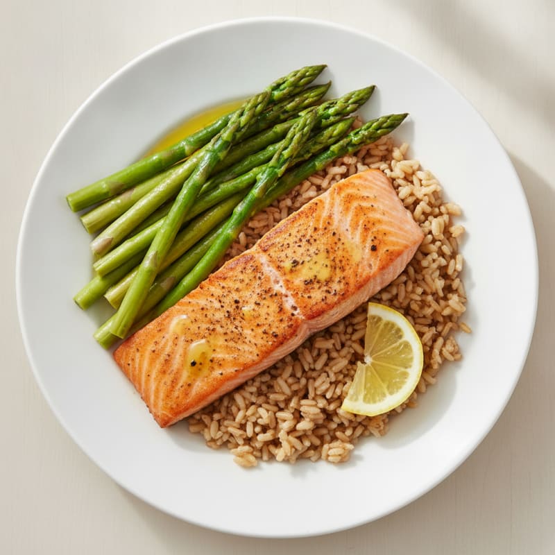 Seared Salmon with Brown Rice and Steamed Asparagus
