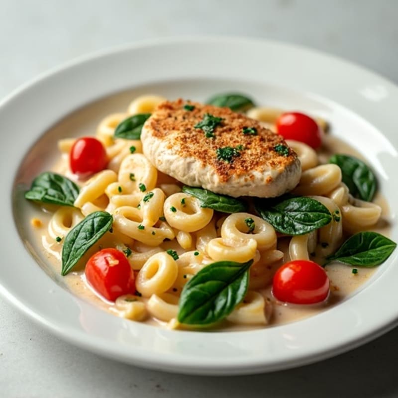 Creamy Chicken and Spinach Pasta with Roasted Tomatoes