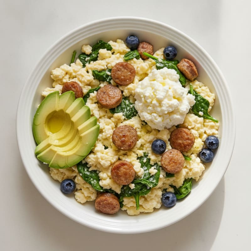 Egg White and Turkey Sausage Scramble with Cottage Cheese and Spinach